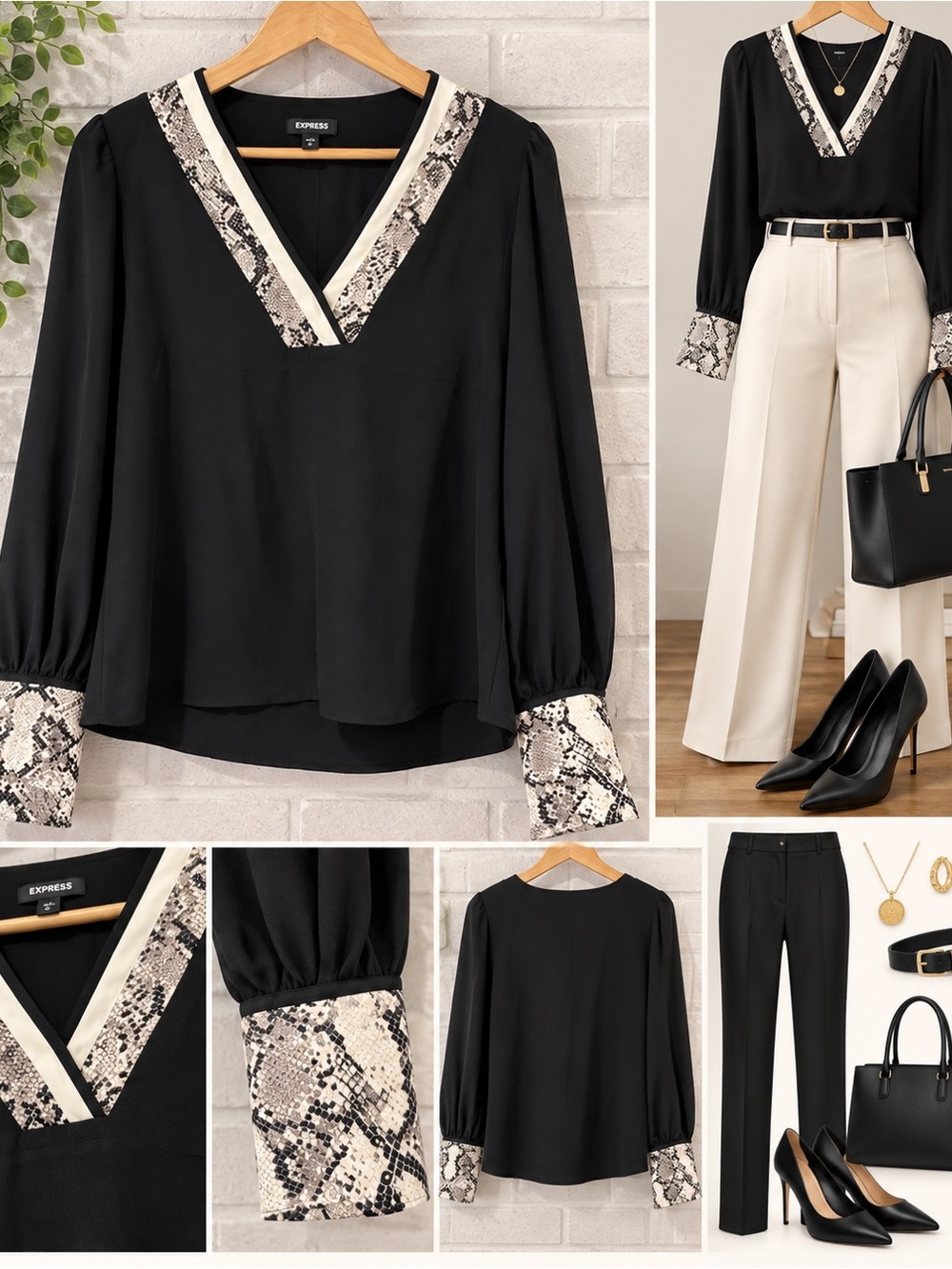 Express Black Blouse with Snake-Print Trim